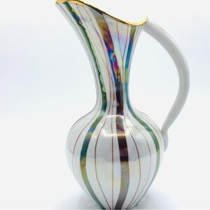Vintage MCM Italian Iridescent Pitcher Vase with Gold Trim #3260 Italy - 8.5”